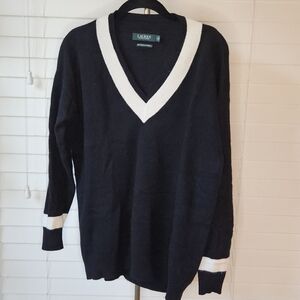 LAUREN Ralph Lauren Cable Knit Cricket Sweater V-Neck Black & White